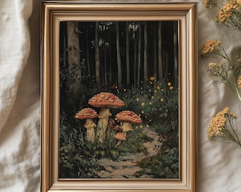 Camino de hongos Bosque encantado - Arte mural de bosque otoñal Pintura de hadas estilo cottagecore Decoración rústica de otoño Bosque espeluznante imprimible 85