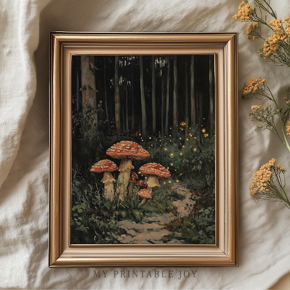 Mushroom Path Enchanted Forest - Autumn Woodland Wall Art Fairy Cottagecore Painting Rustic Fall Decor Spooky Forest Printable 85