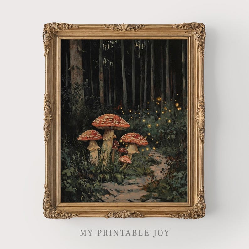 Camino de hongos Bosque encantado - Arte mural de bosque otoñal Pintura de hadas estilo cottagecore Decoración rústica de otoño Bosque espeluznante imprimible 85 imagen 8