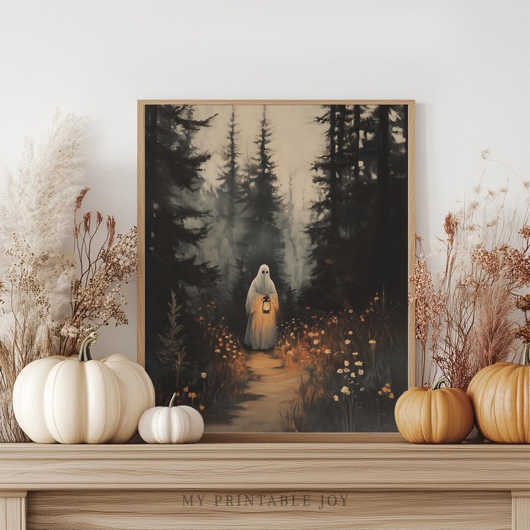 Forest Ghost With Lantern Wall Art Spooky Halloween Painting Moody ...