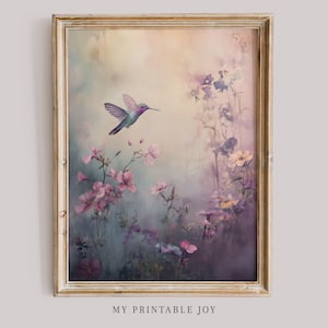 Romantic Hummingbird Wall Art Print Pink Wildflowers Light Academia Aesthetic Spring Floral Artwork Valentine&#39;s Day Gift