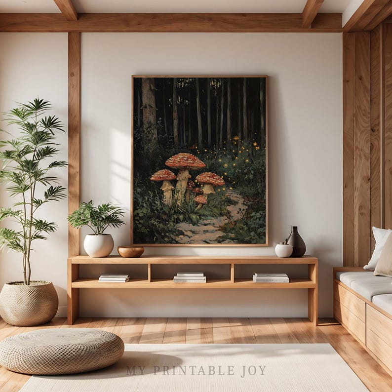Camino de hongos Bosque encantado - Arte mural de bosque otoñal Pintura de hadas estilo cottagecore Decoración rústica de otoño Bosque espeluznante imprimible 85 imagen 5