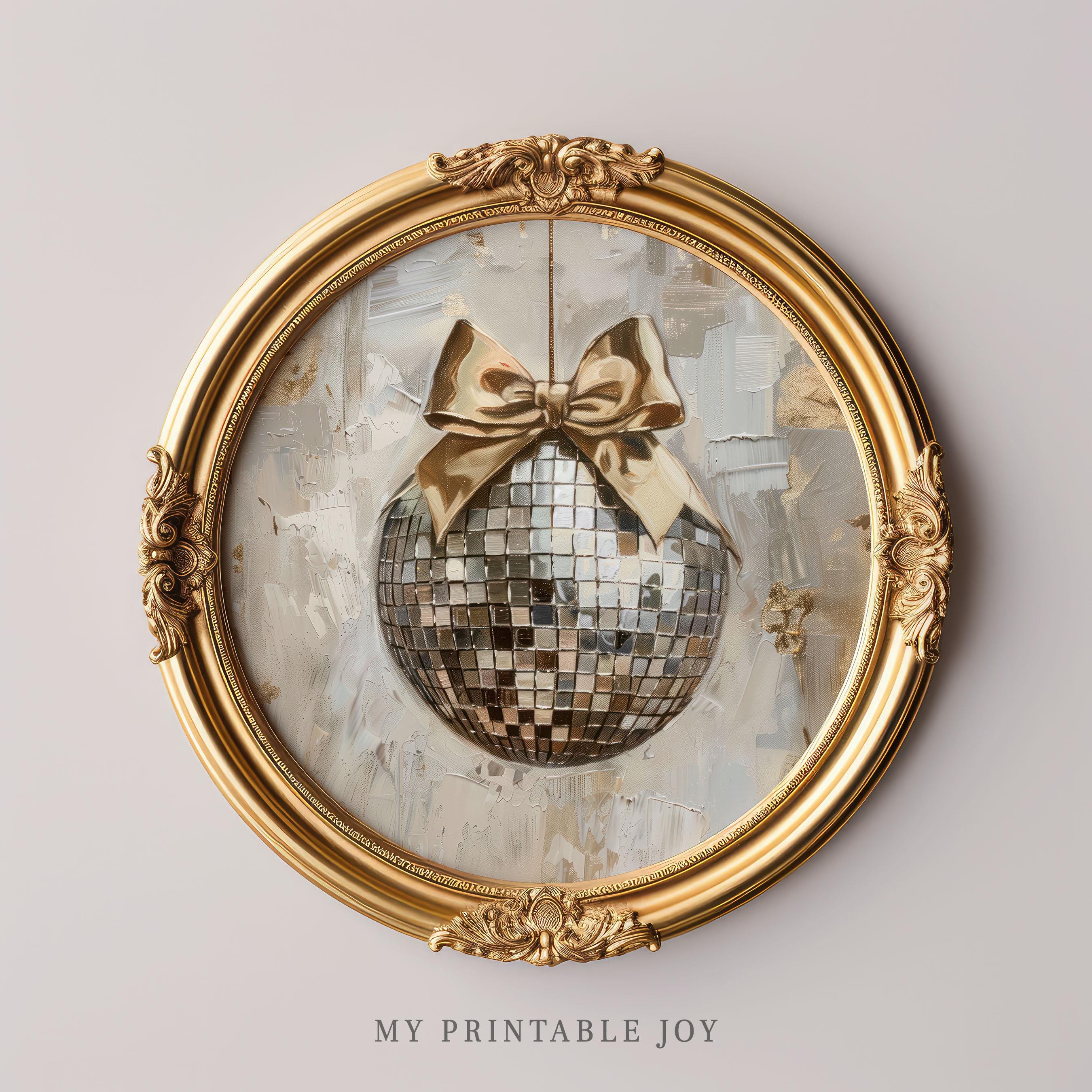 Elegantes goldenes Disco Ball Ornament mit Schleife - festliche Wandkunst für Weihnachten, Neujahr 2025 und glamourösen Urlaub, Party Dekoration