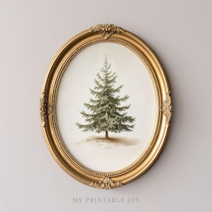 May include: A gold oval frame with a white background and a watercolor painting of a green evergreen tree.