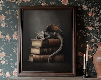 Dragón descansando sobre una pila de libros - Arte mural de criatura fantástica vintage, decoración gótica melancólica, arte de lectura imprimible de estilo cottagecore, biblioteca acogedora 136