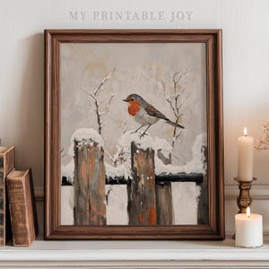 Rustic Winter Robin on Snowy Fence Post - Vintage Watercolor Printable Wall Art, Cozy Winter Decor, Digital Download, Neutral Art 540