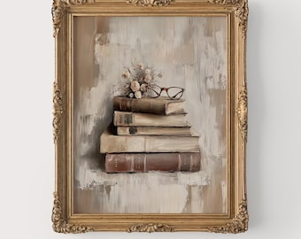 Vintage Book Stack Printable - Rustic Oil Painting, Antique Decor, Book Wall Art, Cozy Cottagecore, Neutral Home Decor, Digital Download 309
