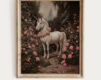 May include: A framed print depicting a white unicorn with a floral wreath in a rose garden, with a castle in the background. The print has a vintage style and the text "MY PRINTABLE JOY" is at the bottom.