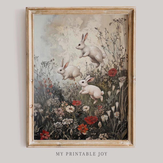 Funny Easter Jumping Bunnies Printable Wall Art Whimsical Vintage