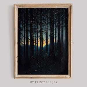 Fireflies in Forest Wall Art Dark Night Enchanted Woods Printable Mystical Nature Scene for Cozy Home or Cottage Decor