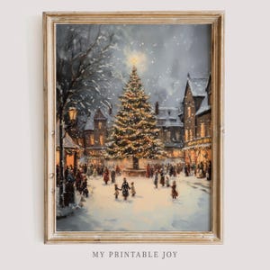 May include: A vintage-style painting of a snowy European town square with a large Christmas tree in the center. The tree is decorated with lights and ornaments. People are gathered around the tree, enjoying the festive atmosphere. The buildings in the background are lit up with warm, inviting lights.