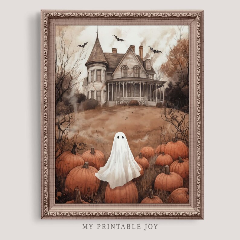 Ghost and Pumpkins Halloween Art Print Spooky Haunted House Decor ...