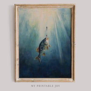 May include: A painting of a fish being caught on a fishing line. The fish is a light blue and silver color and is swimming towards the surface of the water. The water is a deep blue color and there are rays of light shining down from above.