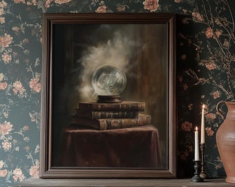 Crystal Ball on Books - Dark Academia Wall Art Witchy Cottagecore Decor Moody Halloween Printable Painting Vintage Occult Art 84