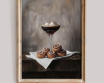 Cold Brew Martini with Cinnamon Rolls - Cozy Kitchen Printable Wall Art, Rustic Dessert Painting, Espresso Print, Food Cottagecore Decor 20