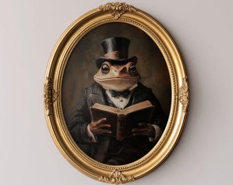 Frog Reading Wall Art Print Vintage Portrait Whimsical Animal Decor Unique Artwork for Book Lovers and Dark Academia Inspired Spaces