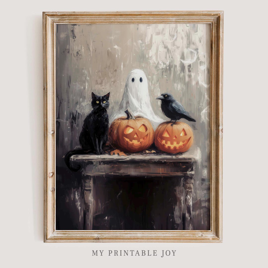 Ghost and Black Cat Halloween Art Print Vintage Spooky Decor Pumpkin ...