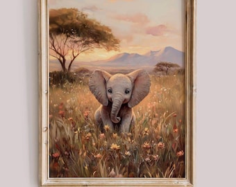 Baby Elephant in African Savanna Printable Wall Art Cute Wildlife Safari Animal Digital Painting Nature Kids Nursery Room Decor