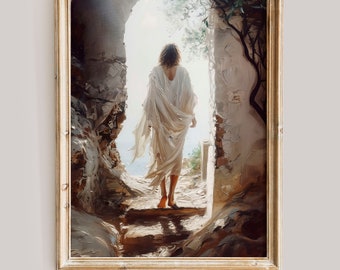 The Tomb is Empty Print | He is risen | Christian Art | Jesus leaving the Garden | Risen Savior | Easter Wall Decor | Digital Print