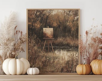 Autumn Landscape on Easel - Vintage Fall Wall Art, Rustic Nature Printable, Moody Country Painting, Earthy Cottagecore Decor 227