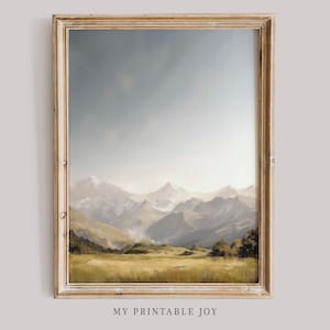 Mountain Valley Landscape Print Serene Nature Wall Art Rustic Country Decor Majestic Peaks Cloudy Sky Painting Digital Download