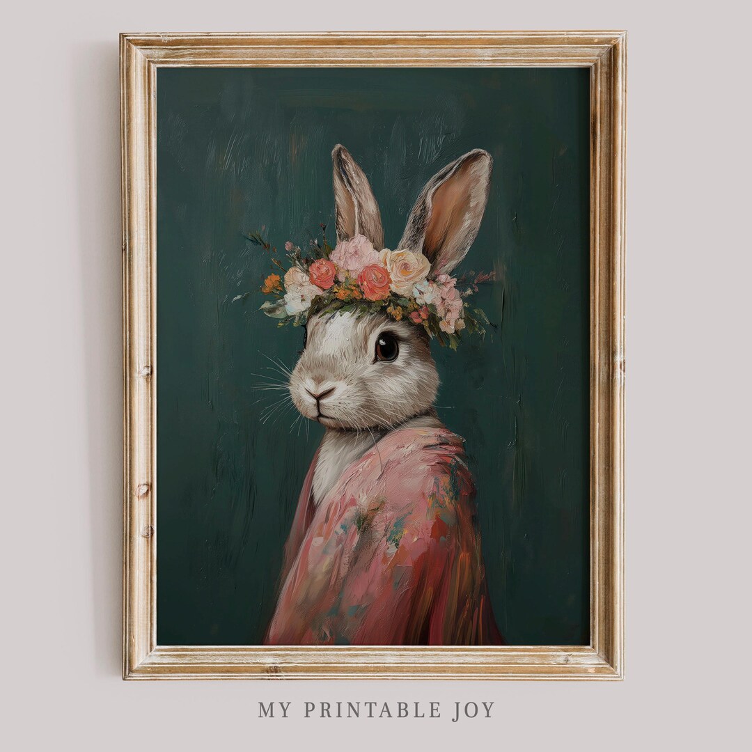 Floral Rabbit Portrait Wall Art Bunny With Flower Crown Digital ...