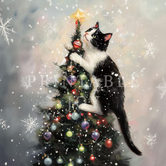 Christmas Cat Wall Art Funny Holiday Decor Digital Download Cute