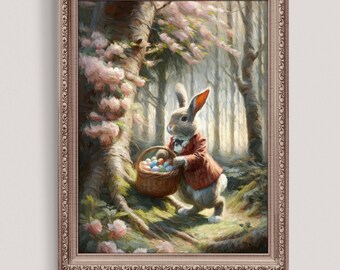 Printable Vintage Easter Rabbit Painting |  Cherry Blossom Art | Antique Farmhouse Wall Art | | Bunny Family | Oil Painting Digital Print
