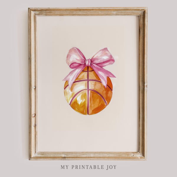 Basketball Wall Art Pink Bow Coquette Sports Print Vintage Home Decor for Kids Room Girls Bedroom and Basketball Lovers