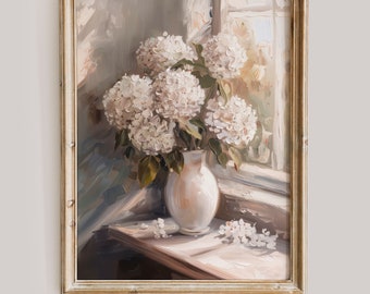 White Hydrangeas Muted Vintage Painting | Still Life Print | Flower Wall Art | Living Room Art | Botanical Digital Downloadable Art
