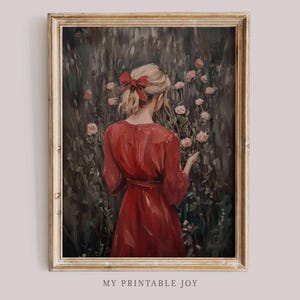 Woman in Red Dress with Pink Roses Printable Wall Art Romantic Vintage Floral Aesthetic Cottagecore Soft Feminine Nature Print