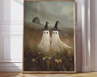 Witchy Ghosts Art Print Halloween Print, Cute Ghosts in Field with Bats, Printable Wall Art Vintage Spooky Halloween Decor Instant Download