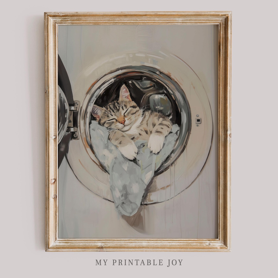 Laundry Cat Printable Wall Art Funny Whimsical Kitten Illustration ...