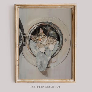 May include: A painting of a tabby cat asleep inside a washing machine drum. The cat is curled up on a blue towel and has its eyes closed. The washing machine is white and has a silver door.