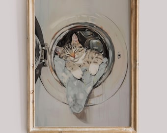 Laundry Cat Printable Wall Art Funny Whimsical Kitten Illustration Vintage Pet Decor for Laundry Room Washing Machine Decor Digital Download