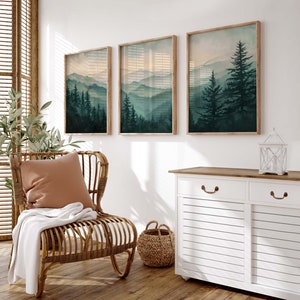 Sage Green Mountain Wall Art, Set of 3 Piece, Mountain Watercolor Prints, Abstract Landscape, Modern Boho Art, Pine Forest Painting, N006