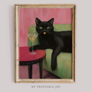 Divertido gato negro con martini en el sofá, arte de pared imprimible, decoración caprichosa para salón de cócteles, arte de bar vintage, regalo peculiar para amantes de los gatos