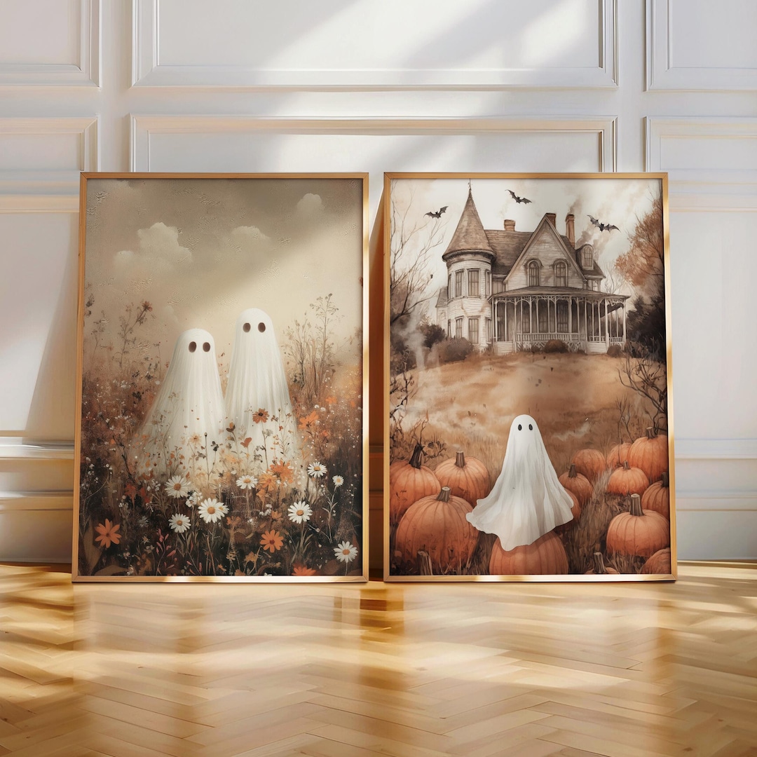 Rustic Halloween Cute Ghost Prints Set of 2, Vintage Farmhouse Wall Art ...