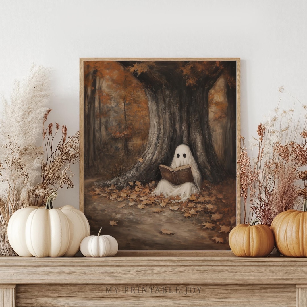 Fall Gost Reading Cute Ghost Under Autumn Tree - Vintage Fall Wall Art, Spooky ...
