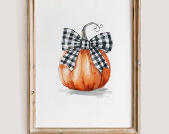 Impresión artística de calabaza con lazo de cuadros vichy, arte de pared de Acción de Gracias, decoración otoñal de granja, linda pintura de calabaza imprimible, descarga digital