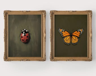 Printable Ladybug and Butterfly Wall Art Set, Insect Art Prints, Rustic Cottagecore Decor, Vintage Style Nature Prints, Digital Download B6