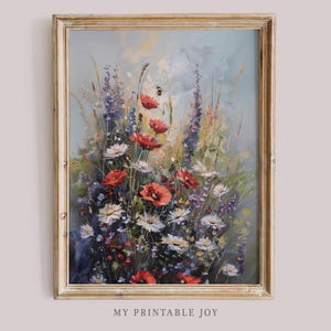 Wildflower Meadow with Bee Floral Botanical Printable Wall Art Summer Garden Nature Painting Cottagecore Floral Artwork