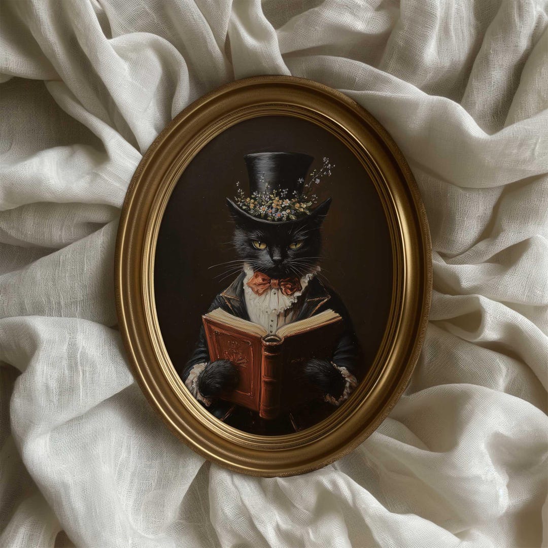Black Cat With Book Whimsical Dark Academia Printable Vintage Wall Art ...