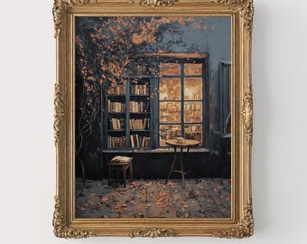 Vintage Bookshop Window in Autumn - Moody Rustic Wall Art, Antique Book Decor, Printable Oil Painting, Dark Academia Style, Cozy Scene 299