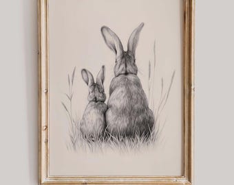 Mother Bunny and Child Back View Printable Wall Art Vintage Whimsical Rabbit Nursery Decor Cottagecore Home Instant Download