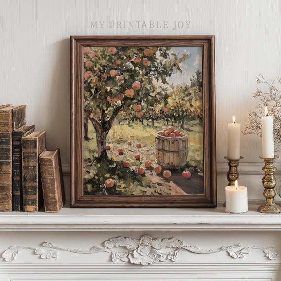 Rustic Apple Orchard Painting - Vintage Style Printable Art, Earthy Farmhouse Decor, Fall Harvest Scene, Cottagecore Wall Art 273