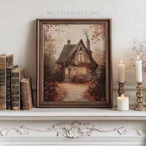 Vintage Cottage in Fall Forest - Charming Rustic Landscape, Warm Tones, Printable Wall Art, Cozy Home, Cottagecore Decor, Oil Painting 264