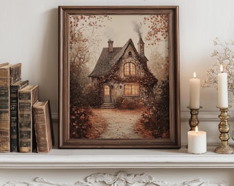 Vintage Cottage in Fall Forest - Charming Rustic Landscape, Warm Tones, Printable Wall Art, Cozy Home, Cottagecore Decor, Oil Painting 264