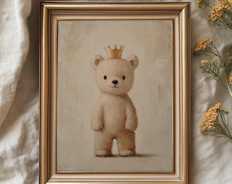 Cute Teddy Bear with Golden Crown - Vintage Neutral Nursery Art, Cozy Storybook Decor, Printable Antique Illustration, Instant Download 951