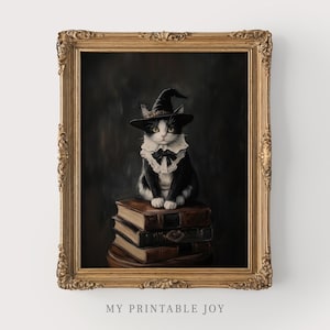 May include: A framed print of a black and white cat in a witch's hat and ruffled collar, perched on books. The print has a dark background and is in a gold ornate frame. The text "MY PRINTABLE JOY" is at the bottom of the image.